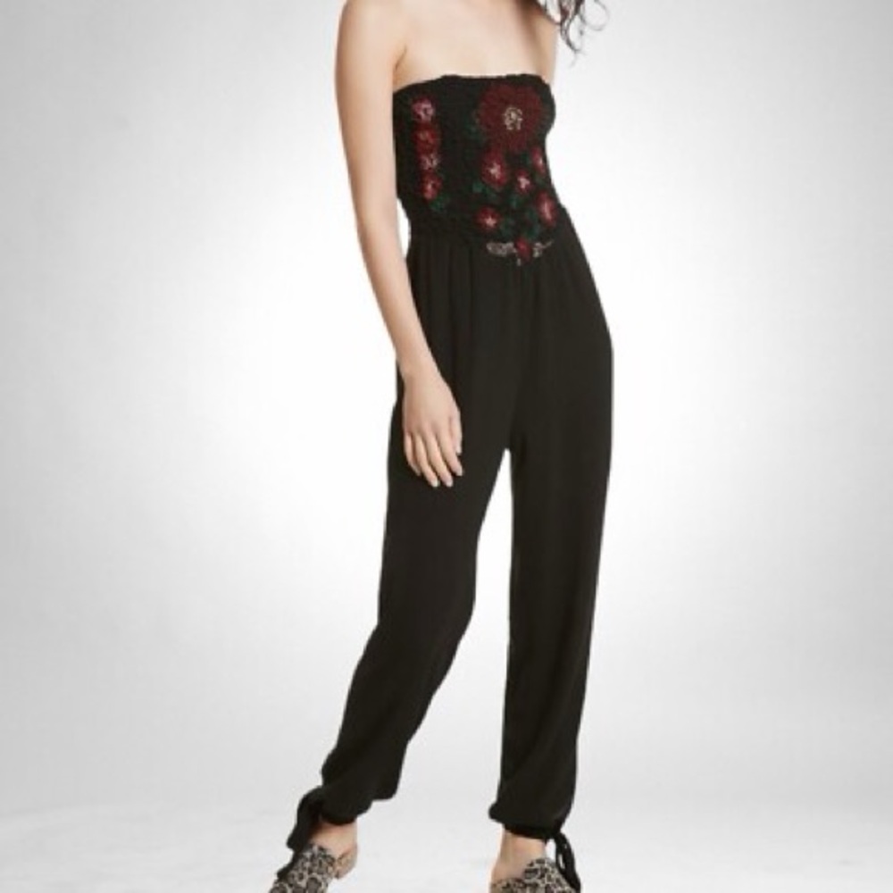 Free People Black Karan Strapless Smocked Jumpsuit Black Size XS VGUC
